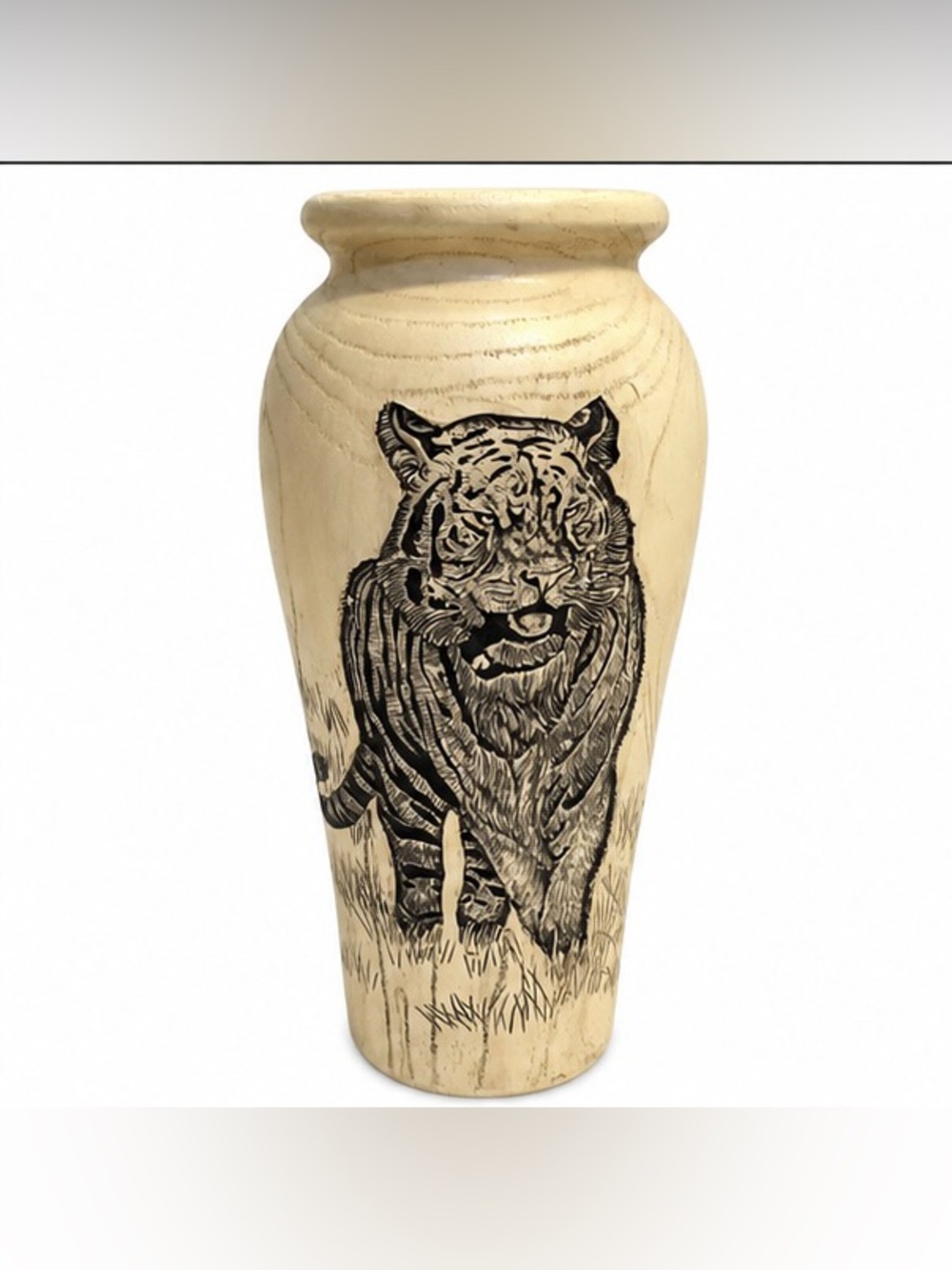 Hand-Turned Wood Vase Tiger Wildlife Art Scrimshaw/Pyrography-Style Technique